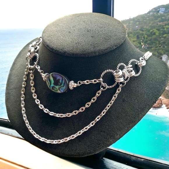 Handmade maille choker necklace iridescent blue green abalone shell charm boho - Picture 2 of 12